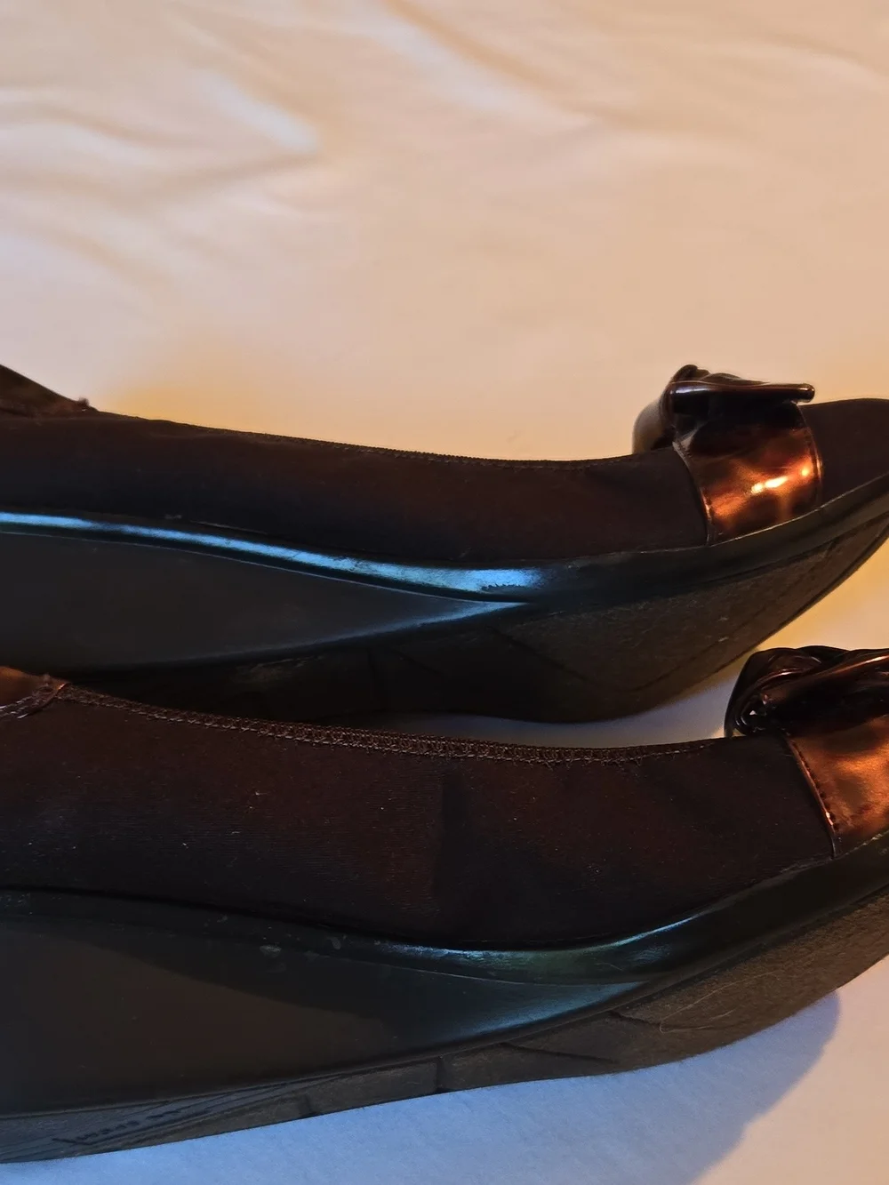 Anne Klein Black Wedge Flats with Glossy Bow Accent